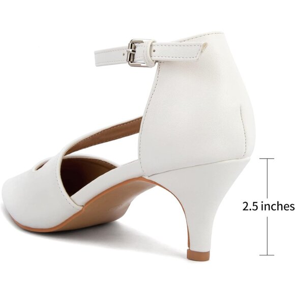 Women's White Polyurethane Pointed Toe Cross Strap Low Kitten Heel Pumps - Picture 6 of 7